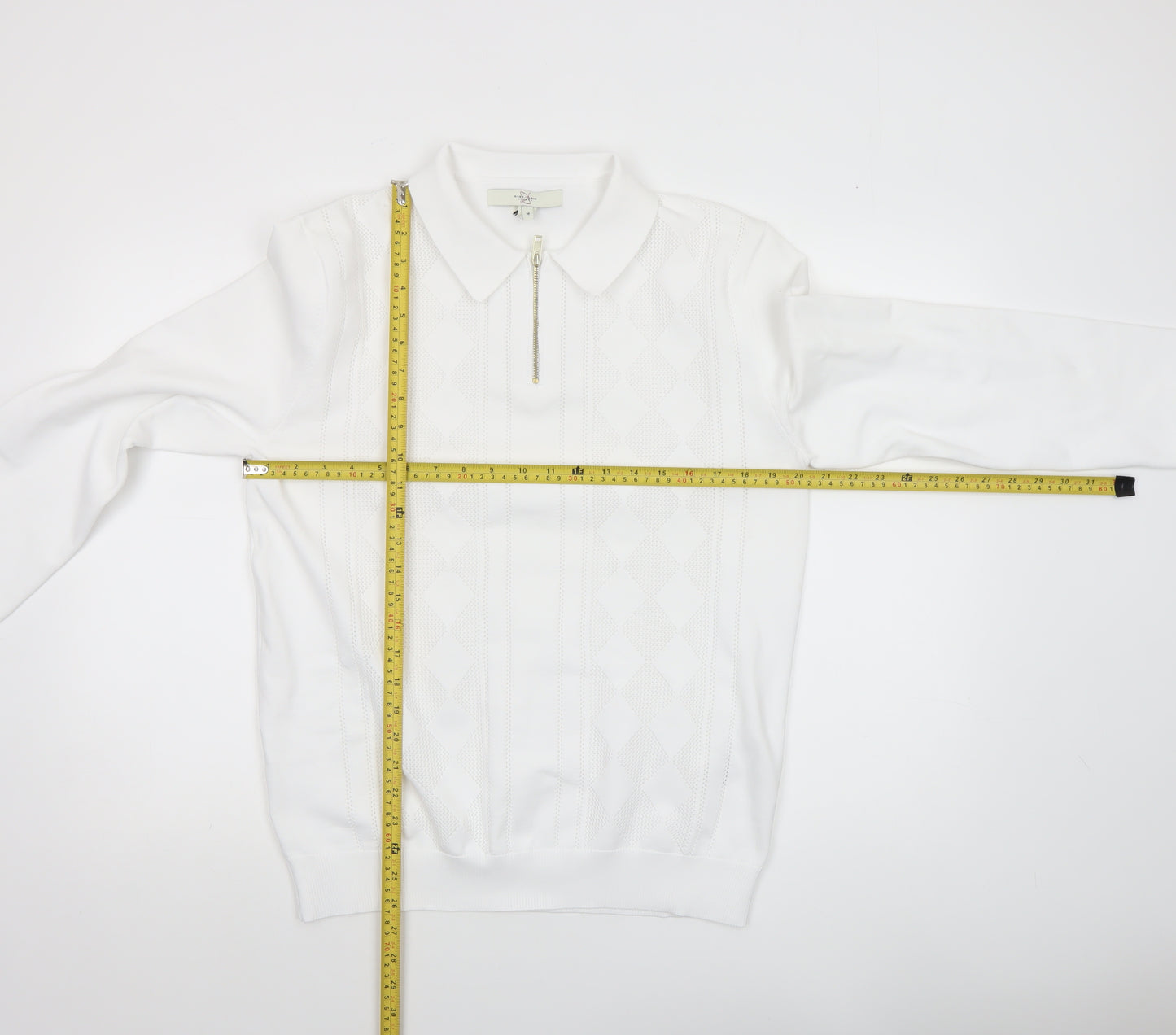 River Island Men’s White Collared Argyle Knit 1/4 Zip Jumper Size M