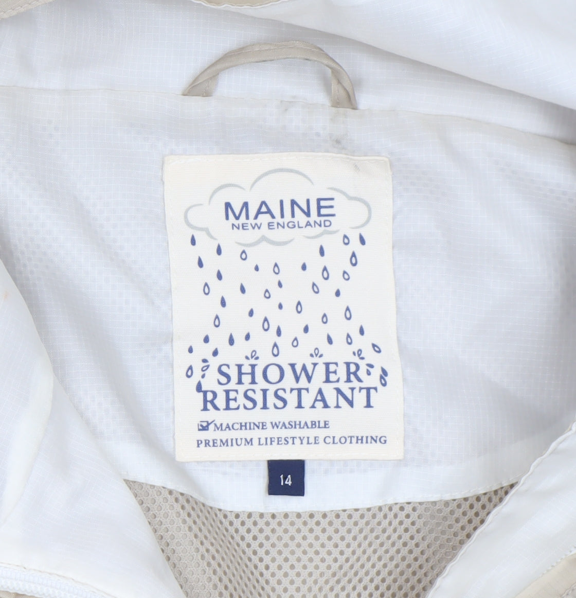 Maine New England Women's Beige Hooded Rain Coat Size 14 Shower Resistant