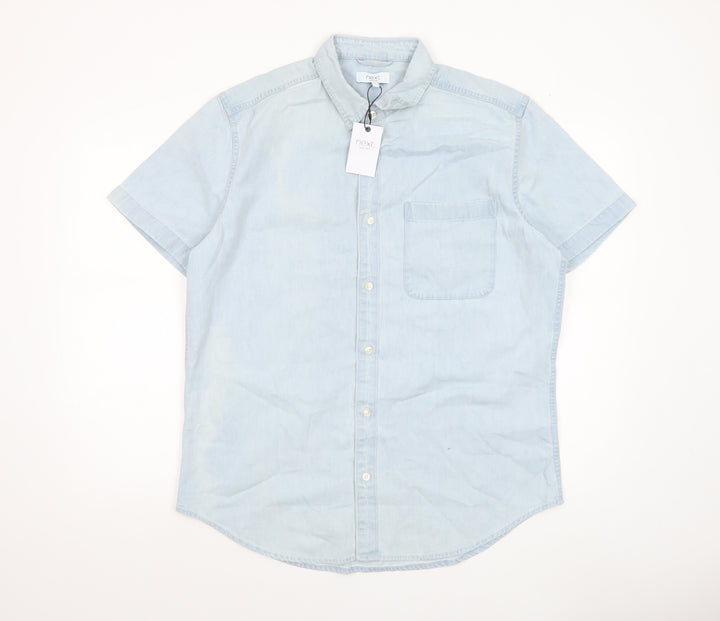 Next Men's Blue Short Sleeve Button-Up Cotton Shirt L 42-44in