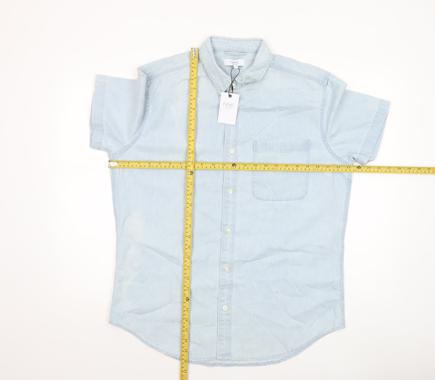 Next Men's Blue Short Sleeve Button-Up Cotton Shirt L 42-44in