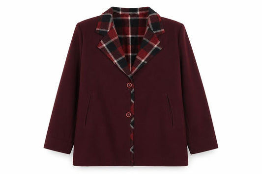 Front view of Solomon women’s red wool blend checked lined blazer, size UK 12