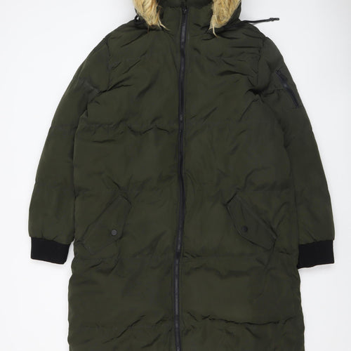Brave Soul Women’s Green Long Puffer Coat Faux Fur Hood Size 16