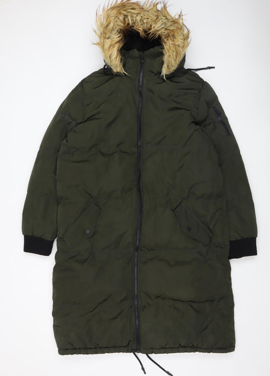 Brave Soul Women’s Green Long Puffer Coat Faux Fur Hood Size 16