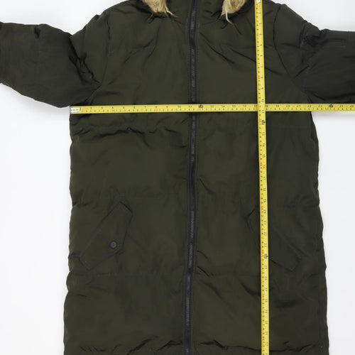 Brave Soul Women’s Green Long Puffer Coat Faux Fur Hood Size 16
