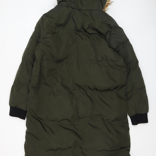 Brave Soul Women’s Green Long Puffer Coat Faux Fur Hood Size 16