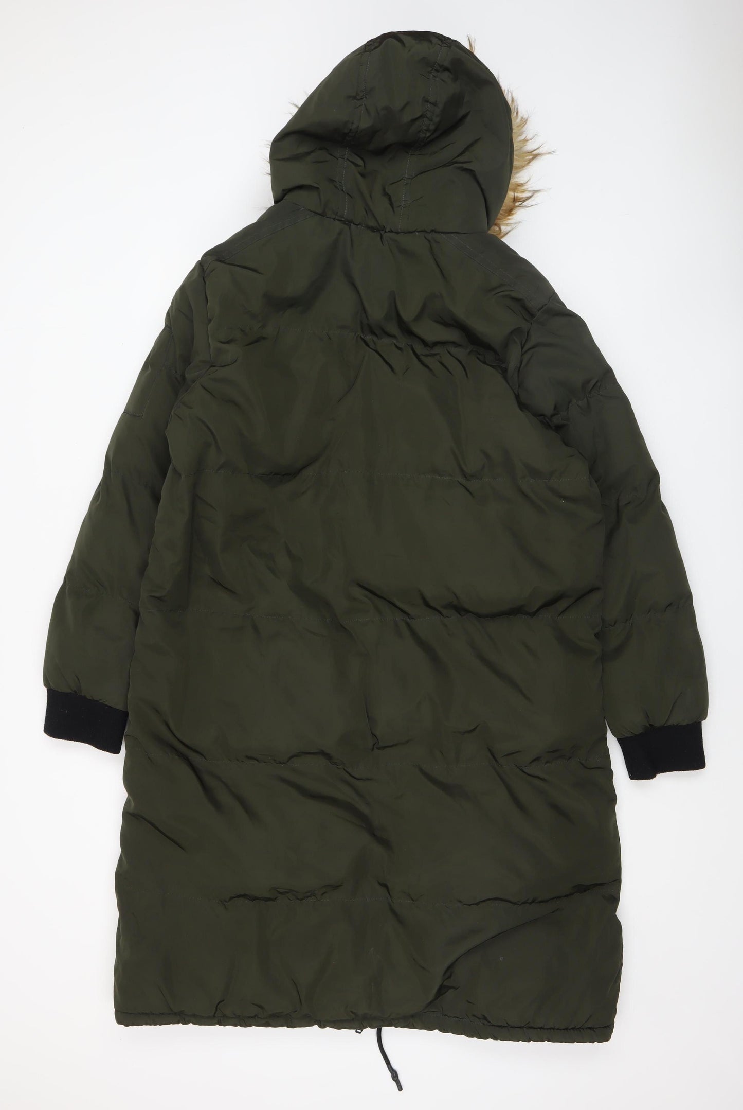 Brave Soul Women’s Green Long Puffer Coat Faux Fur Hood Size 16