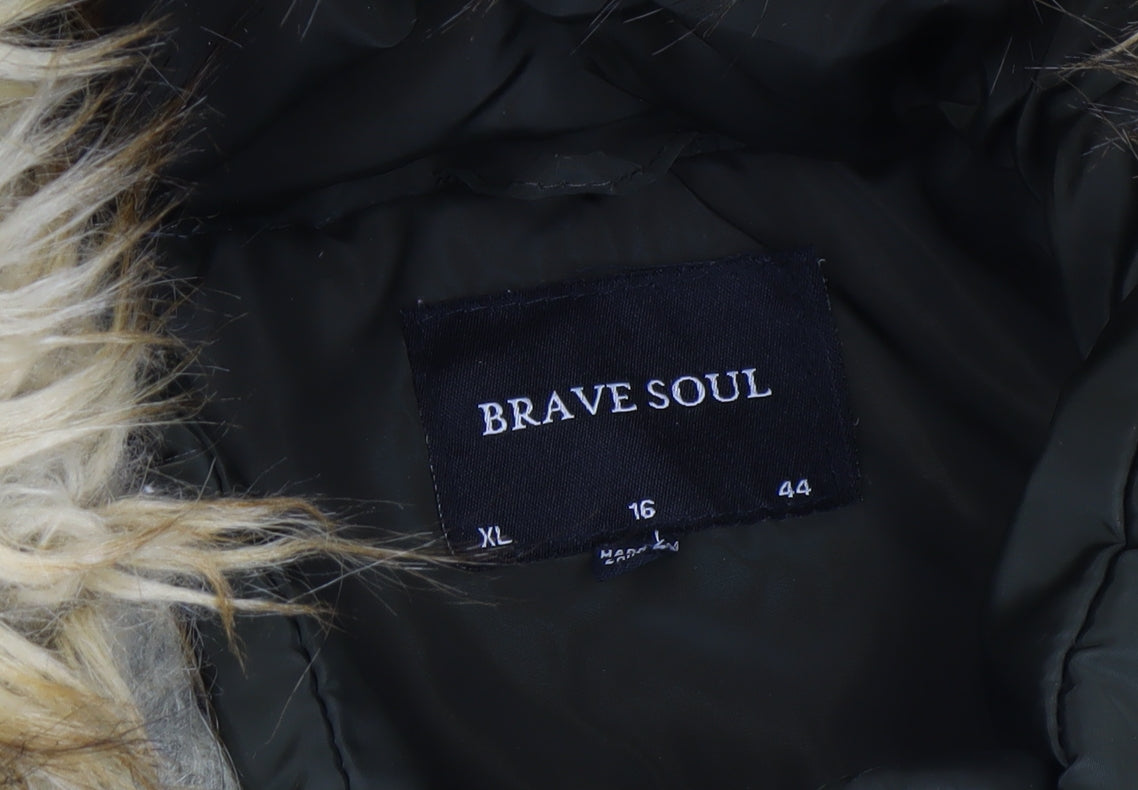 Brave Soul Women’s Green Long Puffer Coat Faux Fur Hood Size 16