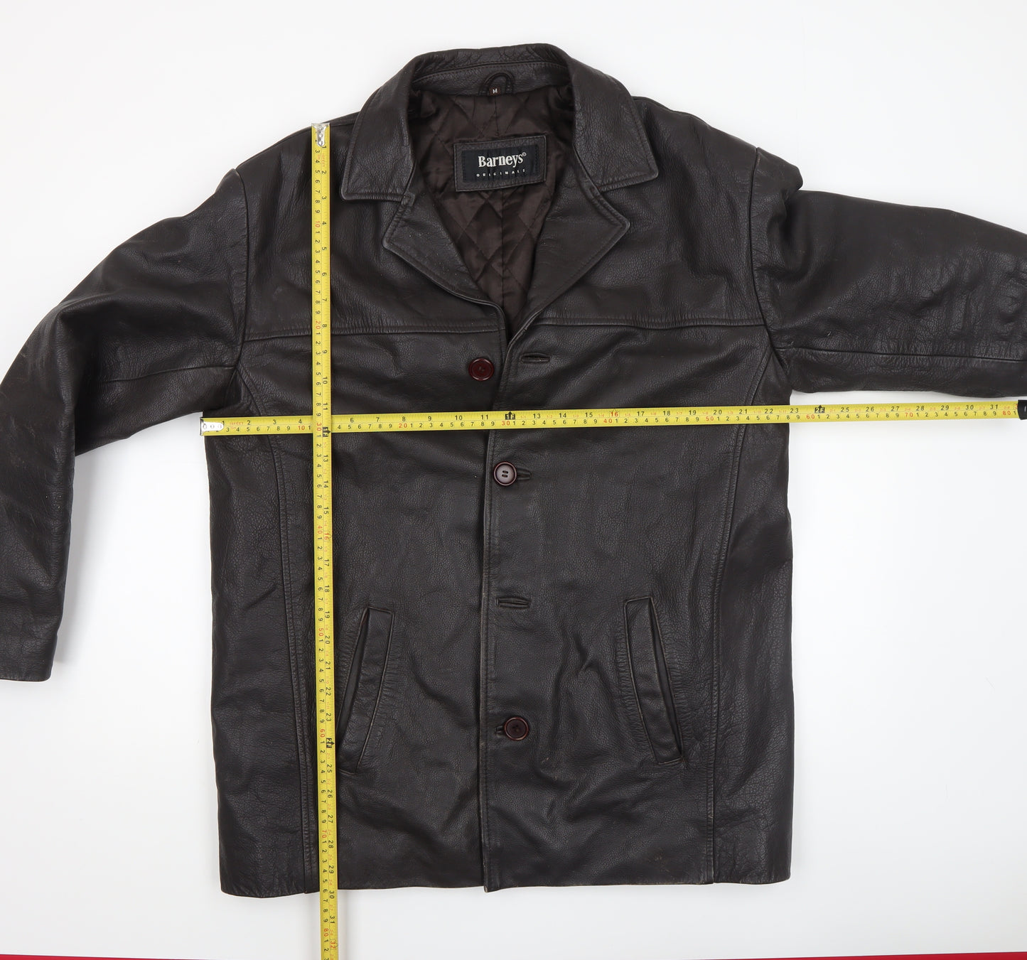 Barneys Originals Men’s Brown Leather Mid-Length Overcoat M
