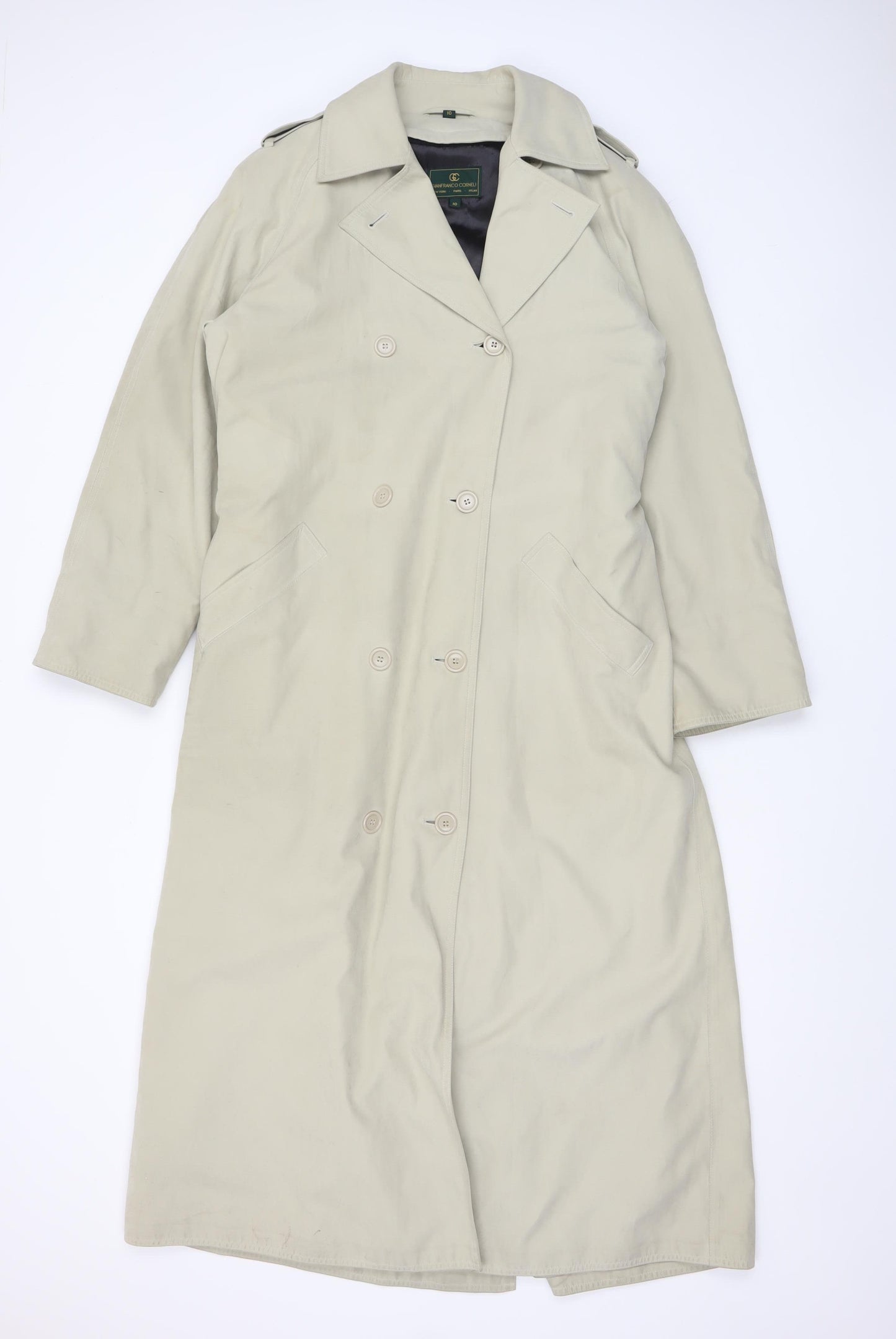 Gianfranco Corneli Women Beige Size 10 Long Trench Coat Belted Cotton Classic