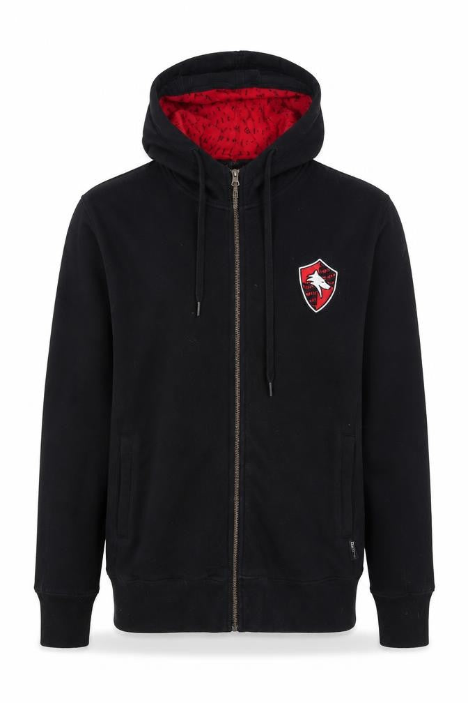 Front view of Nununu Men's Black Full Zip Hoodie with Red Lining, size M