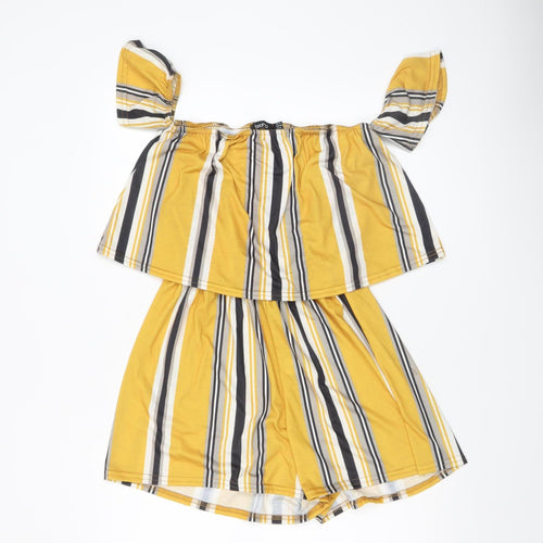Boohoo Women’s Yellow Striped Off Shoulder Jersey Playsuit Size 14