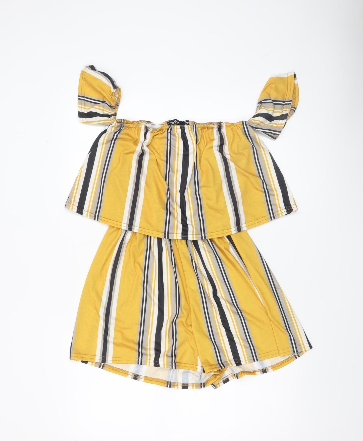 Boohoo Women’s Yellow Striped Off Shoulder Jersey Playsuit Size 14