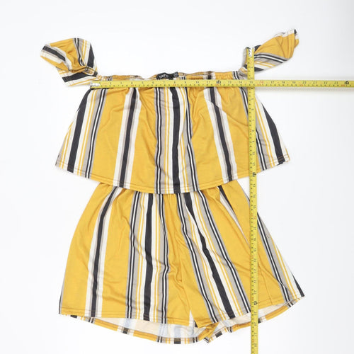 Boohoo Women’s Yellow Striped Off Shoulder Jersey Playsuit Size 14