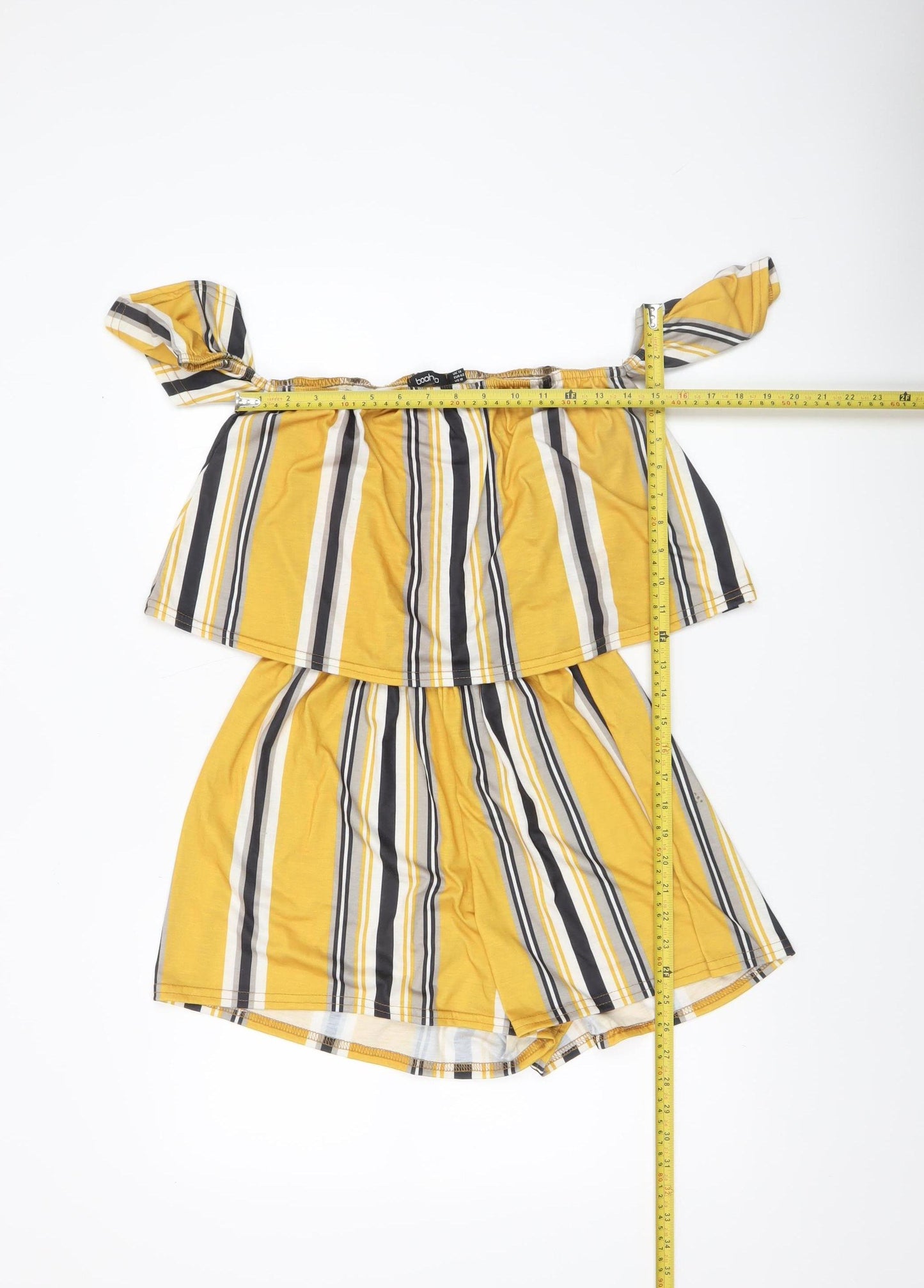 Boohoo Women’s Yellow Striped Off Shoulder Jersey Playsuit Size 14