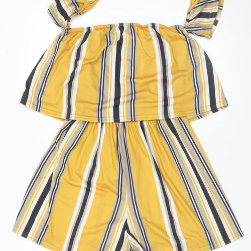 Boohoo Women’s Yellow Striped Off Shoulder Jersey Playsuit Size 14