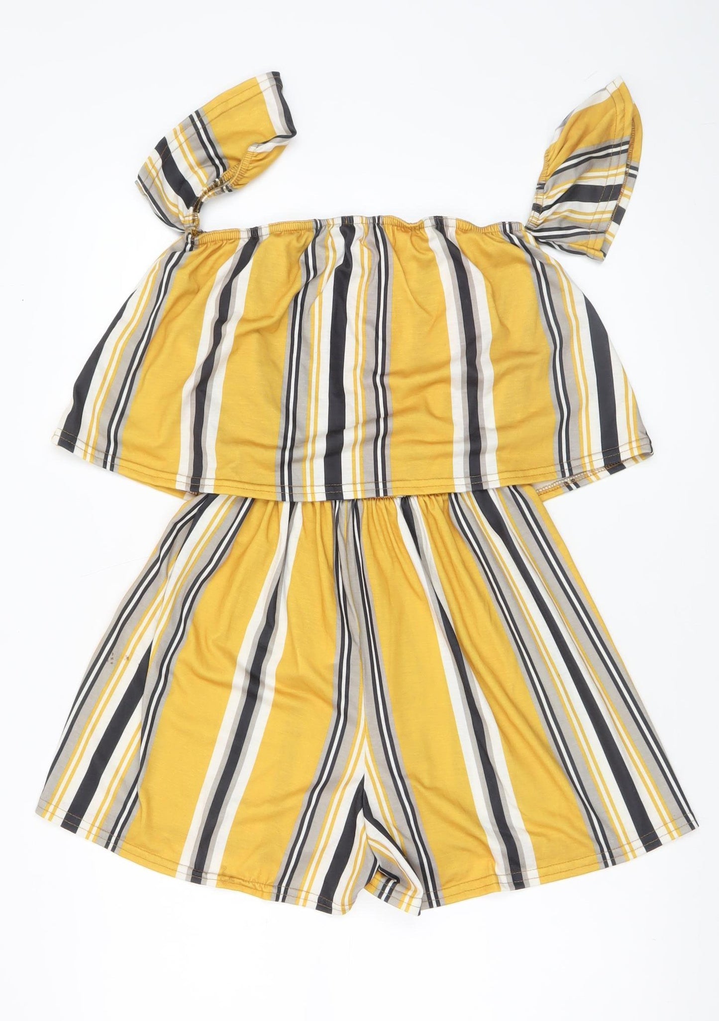 Boohoo Women’s Yellow Striped Off Shoulder Jersey Playsuit Size 14