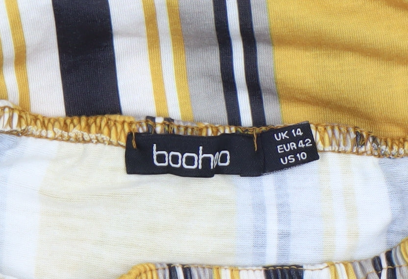 Boohoo Women’s Yellow Striped Off Shoulder Jersey Playsuit Size 14