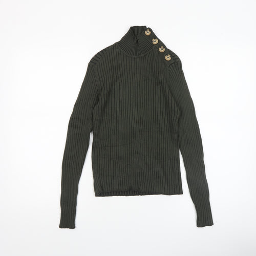 Hollys Women’s Green Rib Knit High Neck Button Jumper Size S