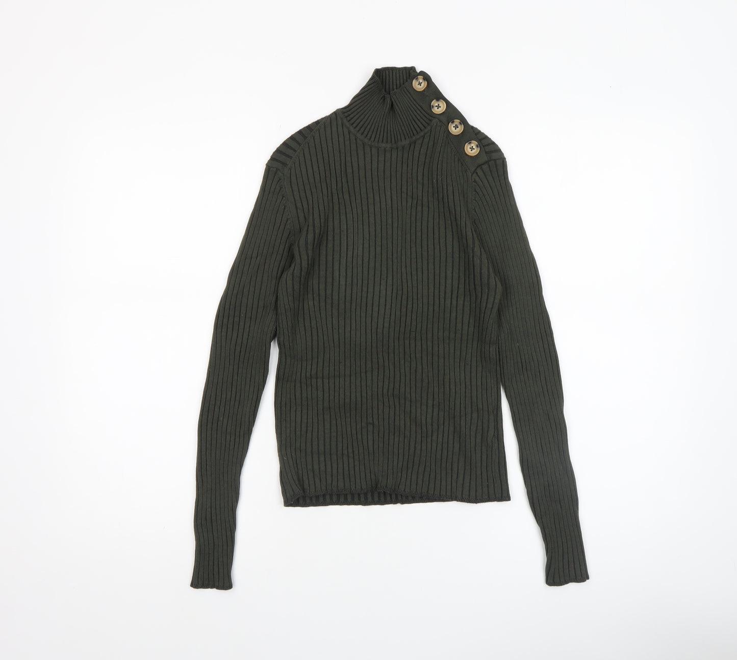 Hollys Women’s Green Rib Knit High Neck Button Jumper Size S