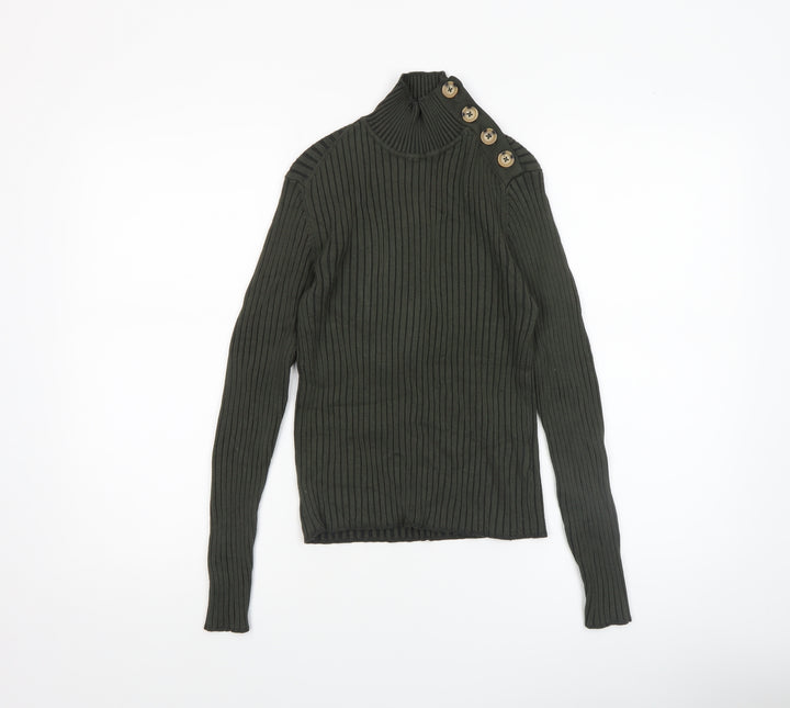 Hollys Women’s Green Rib Knit High Neck Button Jumper Size S