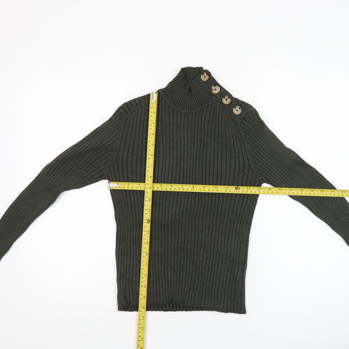 Hollys Women’s Green Rib Knit High Neck Button Jumper Size S