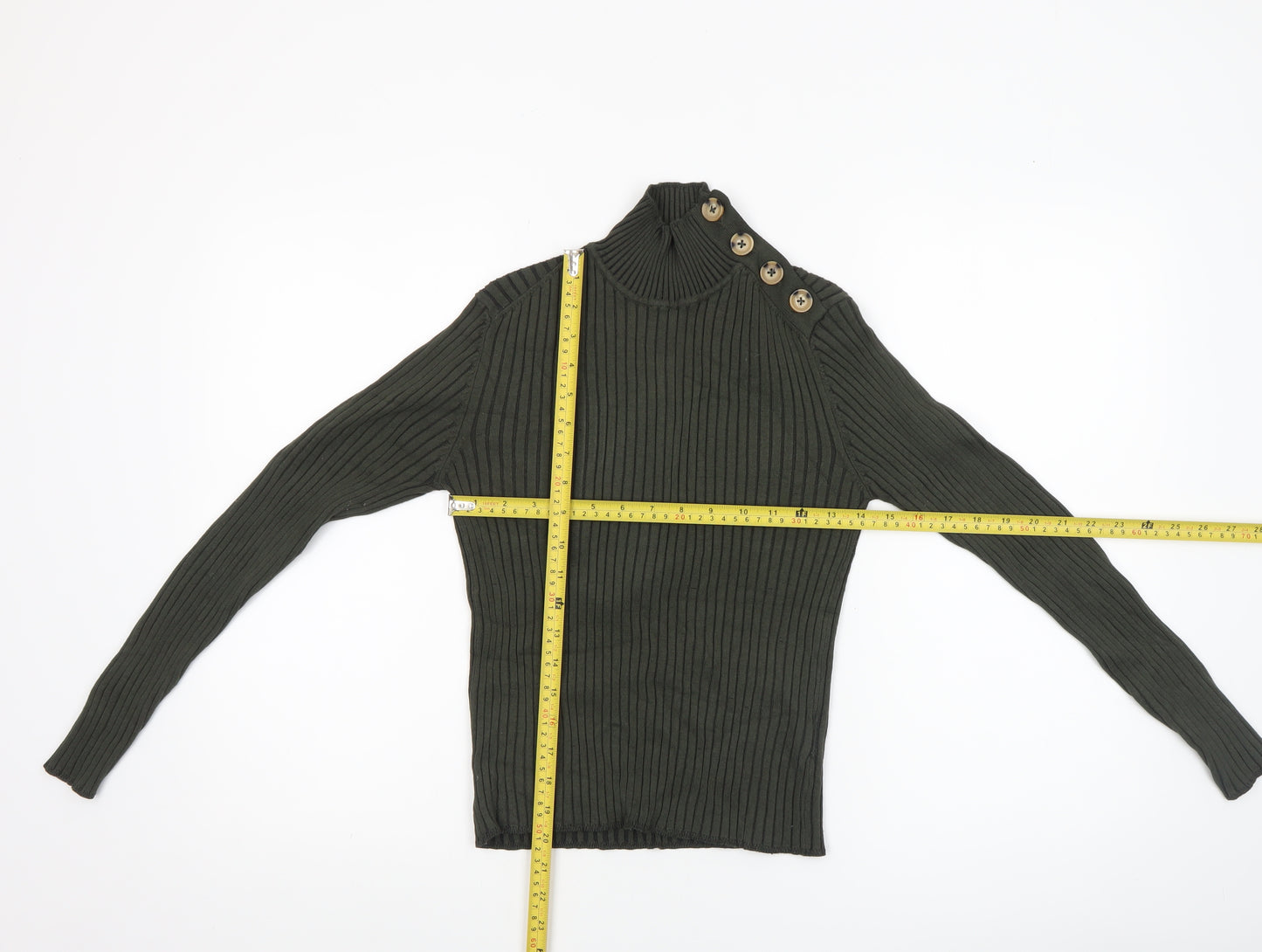 Hollys Women’s Green Rib Knit High Neck Button Jumper Size S