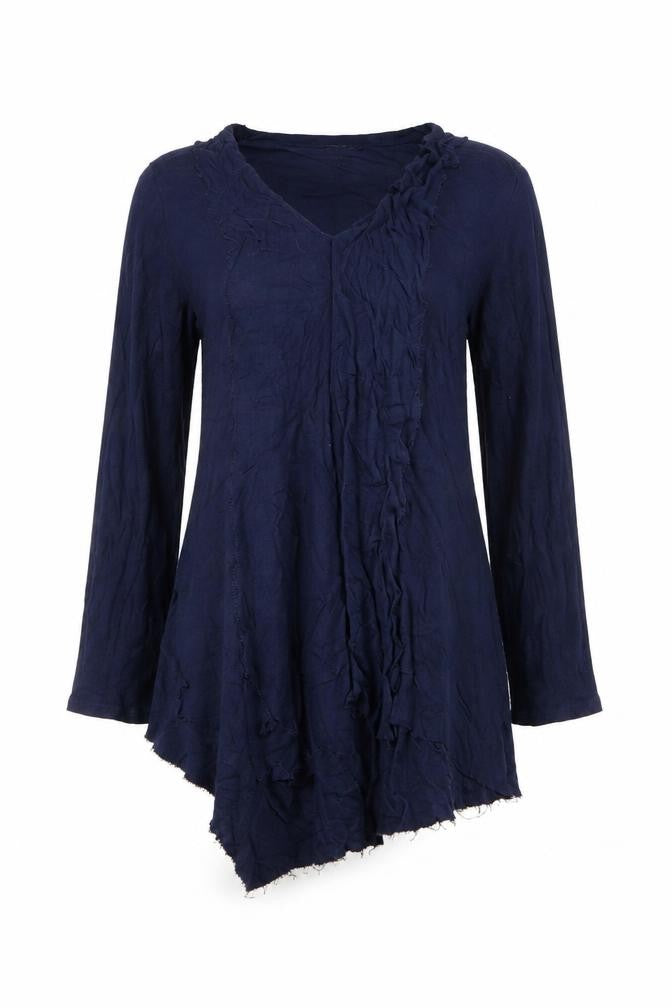 Cable & Gauge Women's Blue Long Sleeve V-Neck Ruffle Tunic Blouse Size L