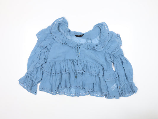 F&F Women Blue Ruffle Long Sleeve Tunic Blouse UK 16