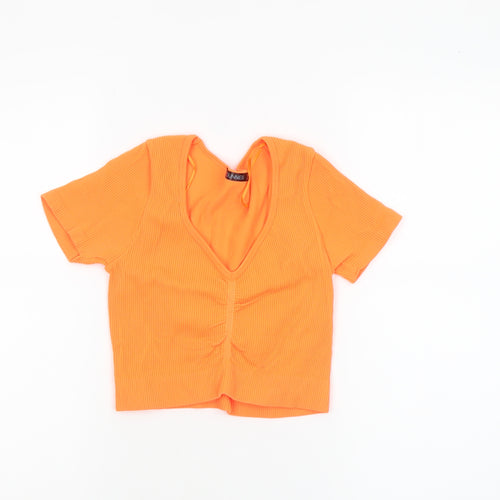 Dunnes Women’s Orange Cropped V-Neck Ribbed Short Sleeve Top XS