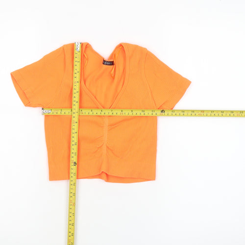 Dunnes Women’s Orange Cropped V-Neck Ribbed Short Sleeve Top XS