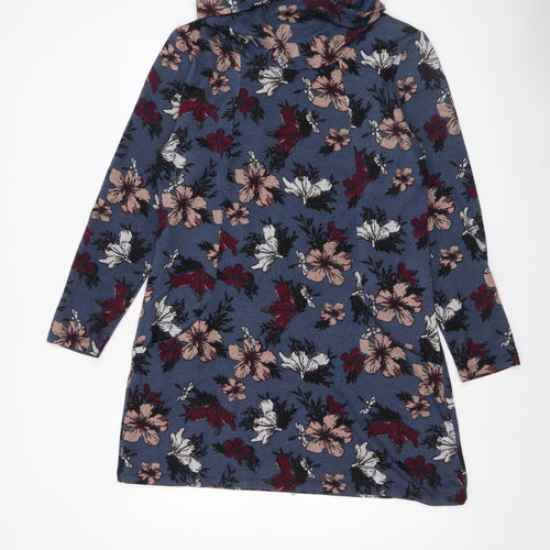 Voulez Vous Women's Blue Floral Shift Dress Size 14 Long Sleeve Cowl Neck