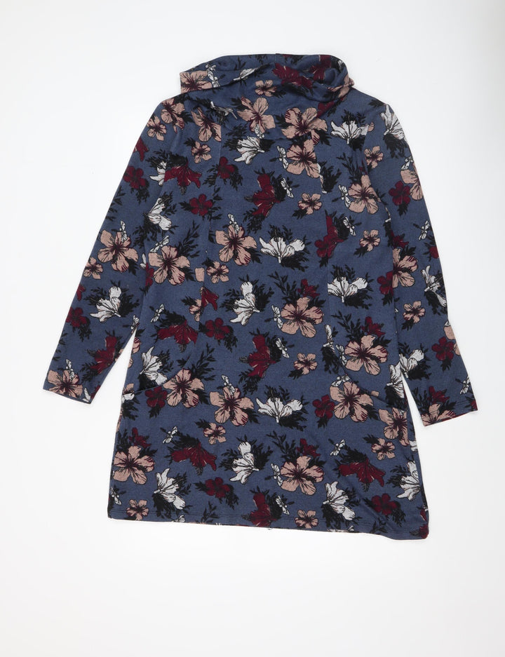 Voulez Vous Women's Blue Floral Shift Dress Size 14 Long Sleeve Cowl Neck