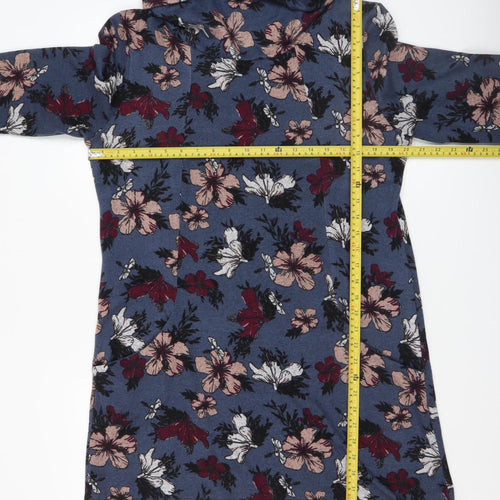 Voulez Vous Women's Blue Floral Shift Dress Size 14 Long Sleeve Cowl Neck