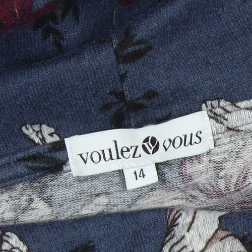 Voulez Vous Women's Blue Floral Shift Dress Size 14 Long Sleeve Cowl Neck