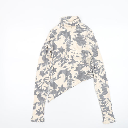 Bershka Women’s Grey Star Print Cropped Roll Neck Top Size S
