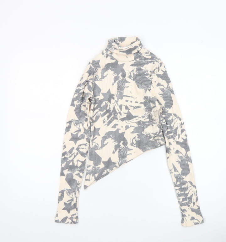 Bershka Women’s Grey Star Print Cropped Roll Neck Top Size S