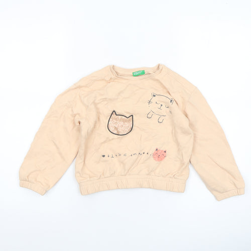 United Colors of Benetton Girls Beige Cat Print Pullover Sweatshirt 6 Years