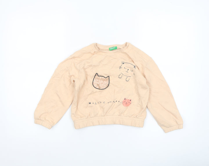United Colors of Benetton Girls Beige Cat Print Pullover Sweatshirt 6 Years