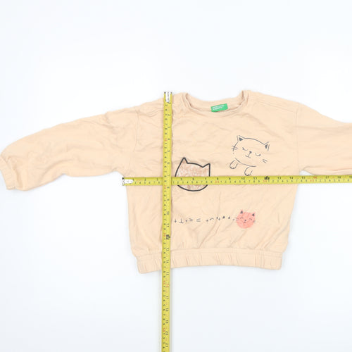 United Colors of Benetton Girls Beige Cat Print Pullover Sweatshirt 6 Years