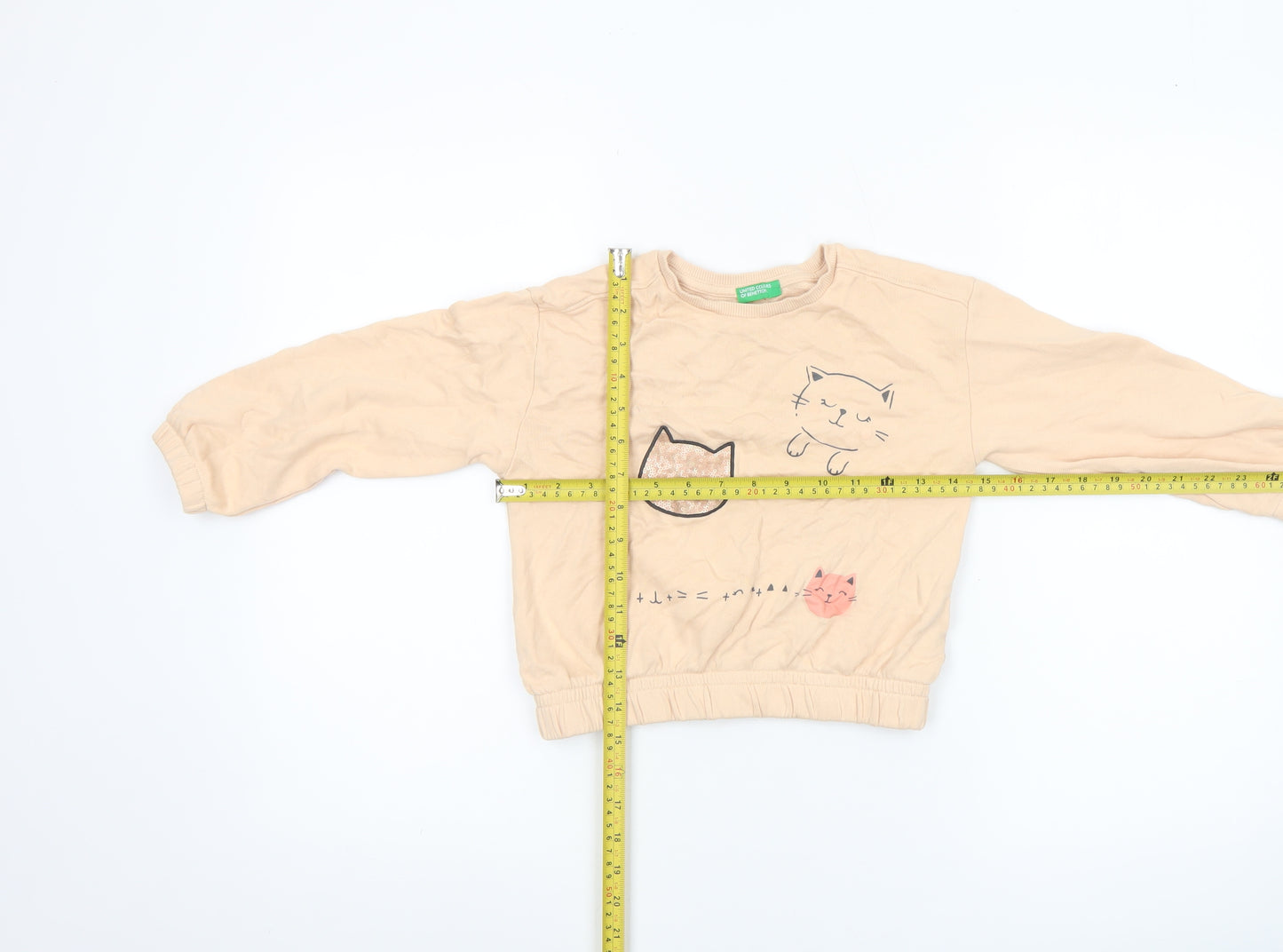 United Colors of Benetton Girls Beige Cat Print Pullover Sweatshirt 6 Years
