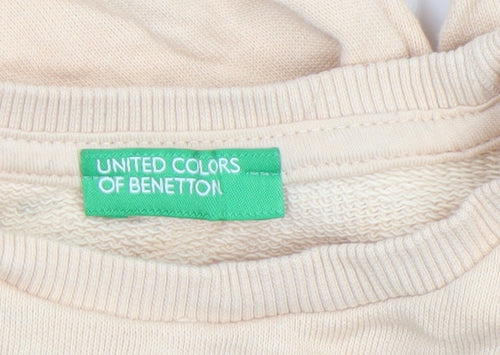 United Colors of Benetton Girls Beige Cat Print Pullover Sweatshirt 6 Years