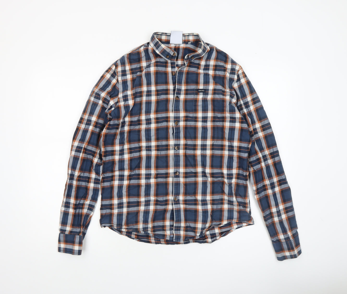 Diesel Mens Blue Check Long Sleeve Button-Up Cotton Shirt Medium