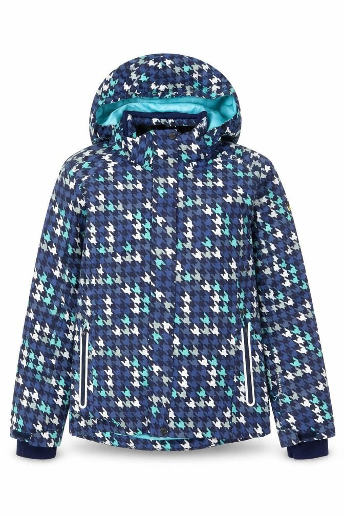 Front view of CMP boys’ blue houndstooth waterproof hooded ski jacket 14 years