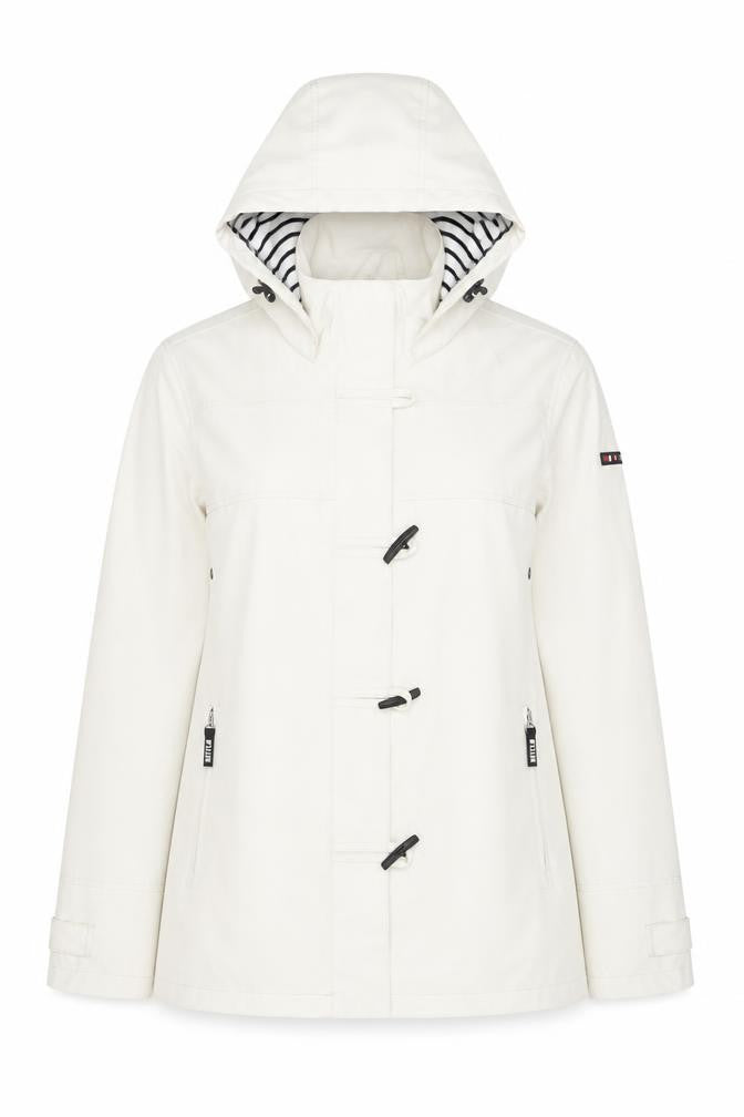 Front view of Batela Women’s White Hooded Nautical Rain Coat Jacket, size UK 8