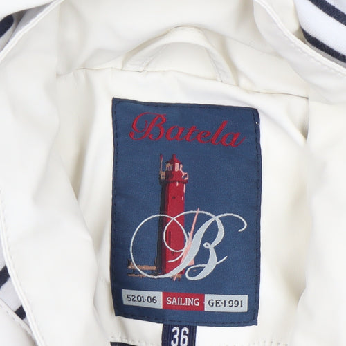 Batela Women’s White Hooded Nautical Rain Coat Jacket Size 8