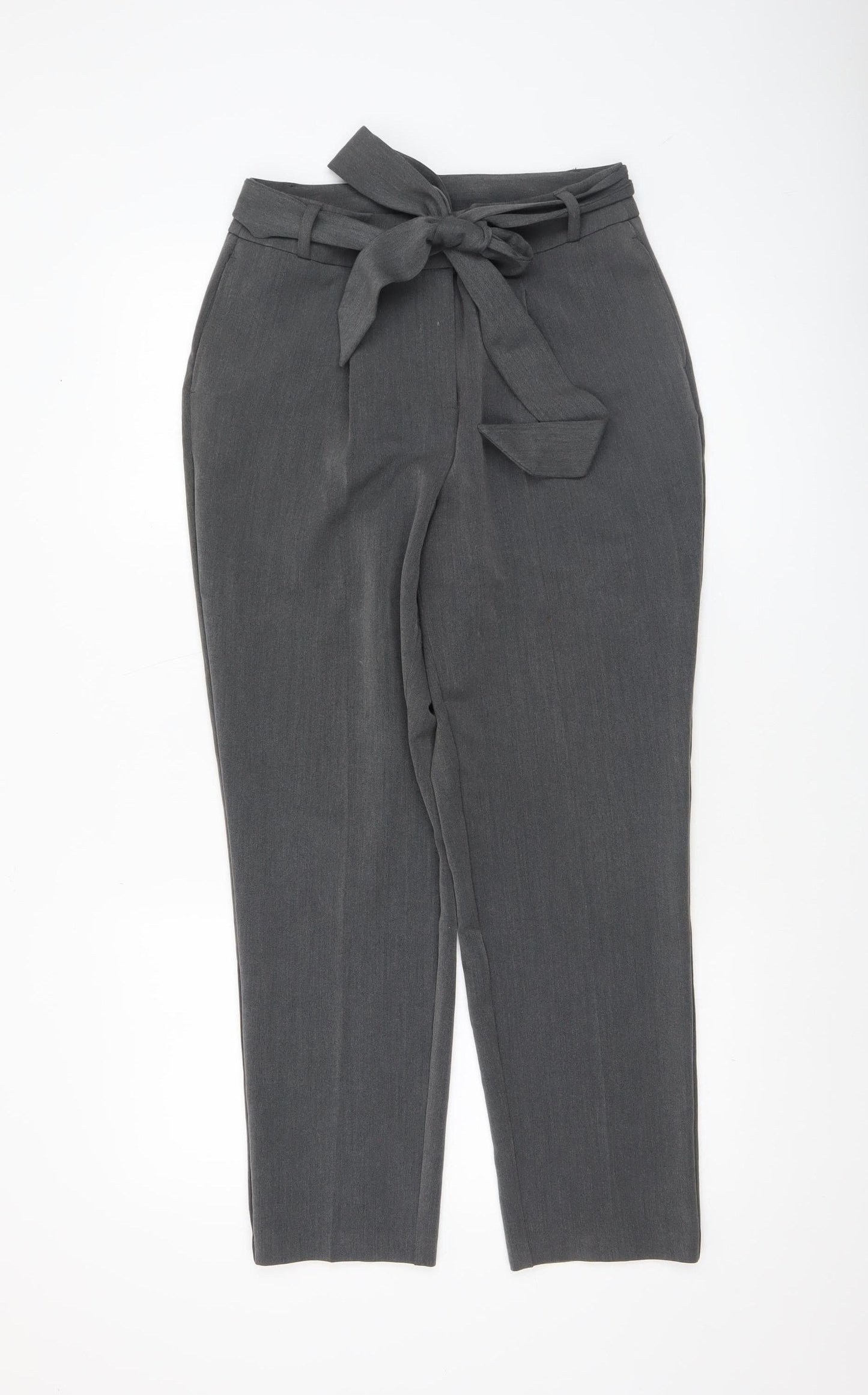 Very Women's Grey Paperbag Trousers Size 10 Short High Waist Belted Work Pants