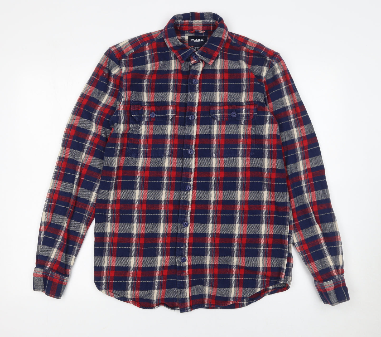 Pull&Bear Men's Red Navy Check Flannel Button-Up Shirt Size S