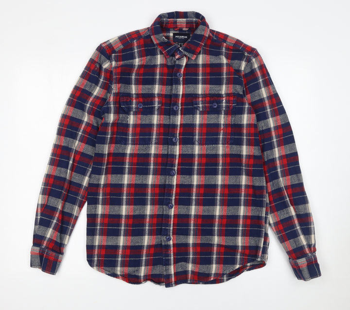 Pull&Bear Men's Red Navy Check Flannel Button-Up Shirt Size S