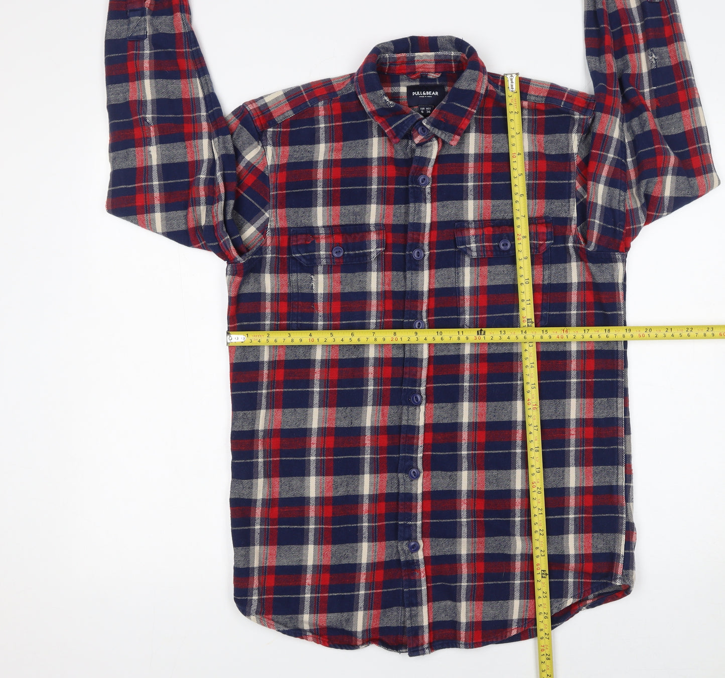 Pull&Bear Men's Red Navy Check Flannel Button-Up Shirt Size S