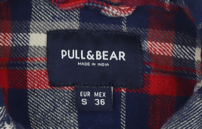 Pull&Bear Men's Red Navy Check Flannel Button-Up Shirt Size S